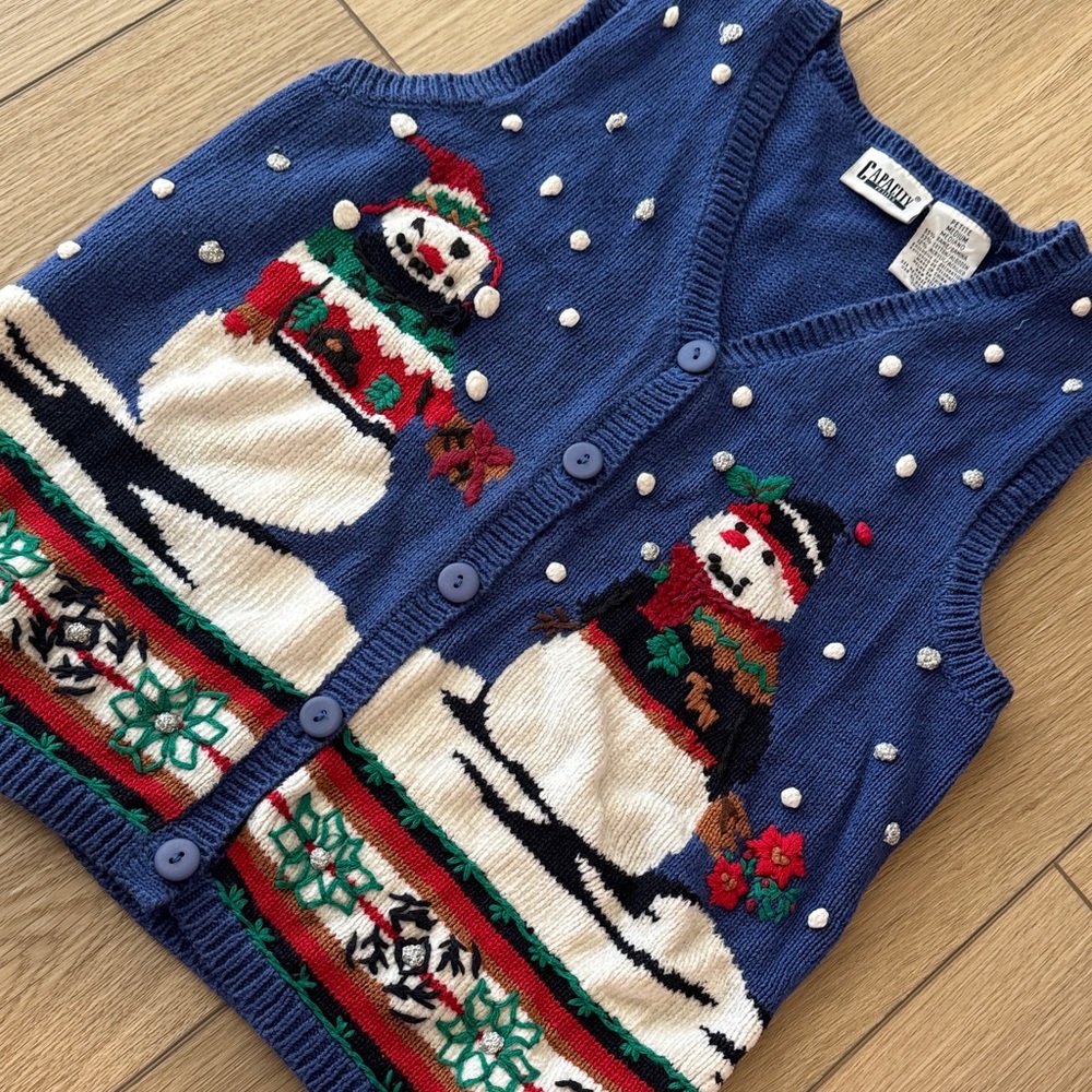 Vintage Capacity Sweater Vest Medium Christmas Snowman Holiday Blue size M